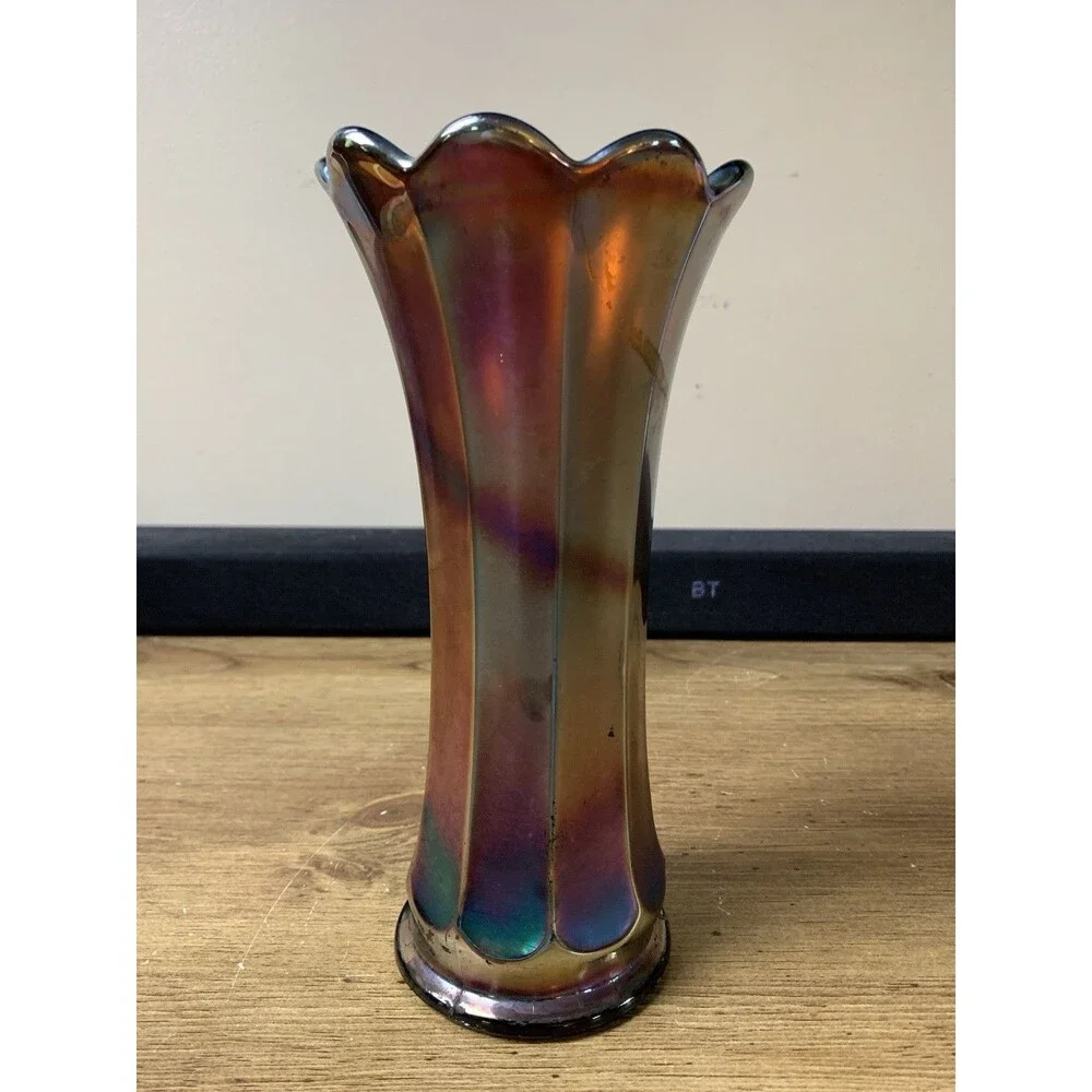 Vintage Concave Flute Carnival Glass Vase 8” By Westmoreland MCM Decorative READ